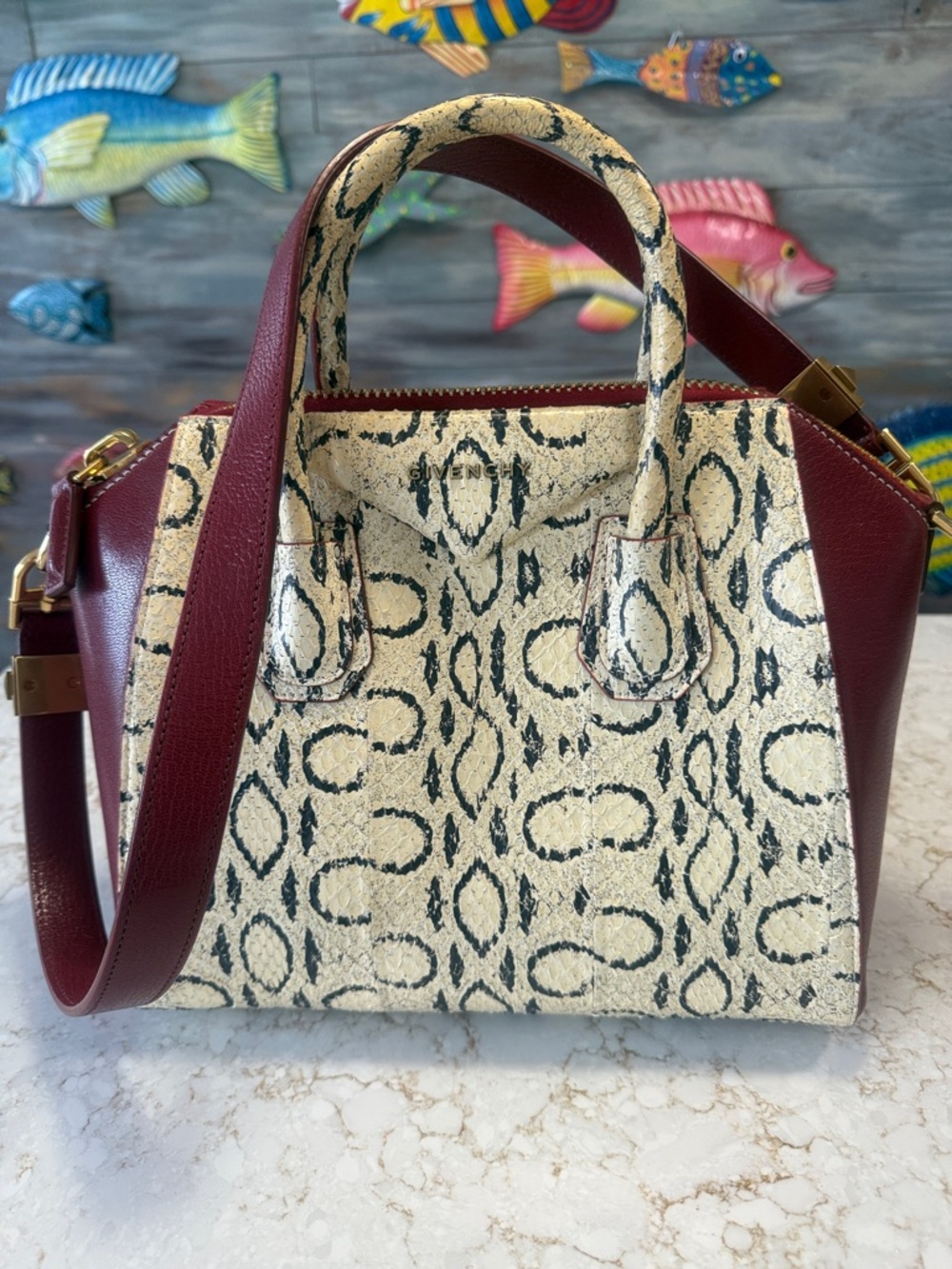 Givenchy Cream Snakeskin-Print and Burgundy Leather Satchel